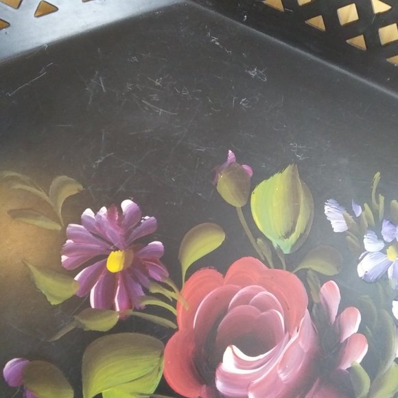 Hand-Painted Black Toleware Tray Florals pierced decorative Rim Signed Van - Picture 10 of 15